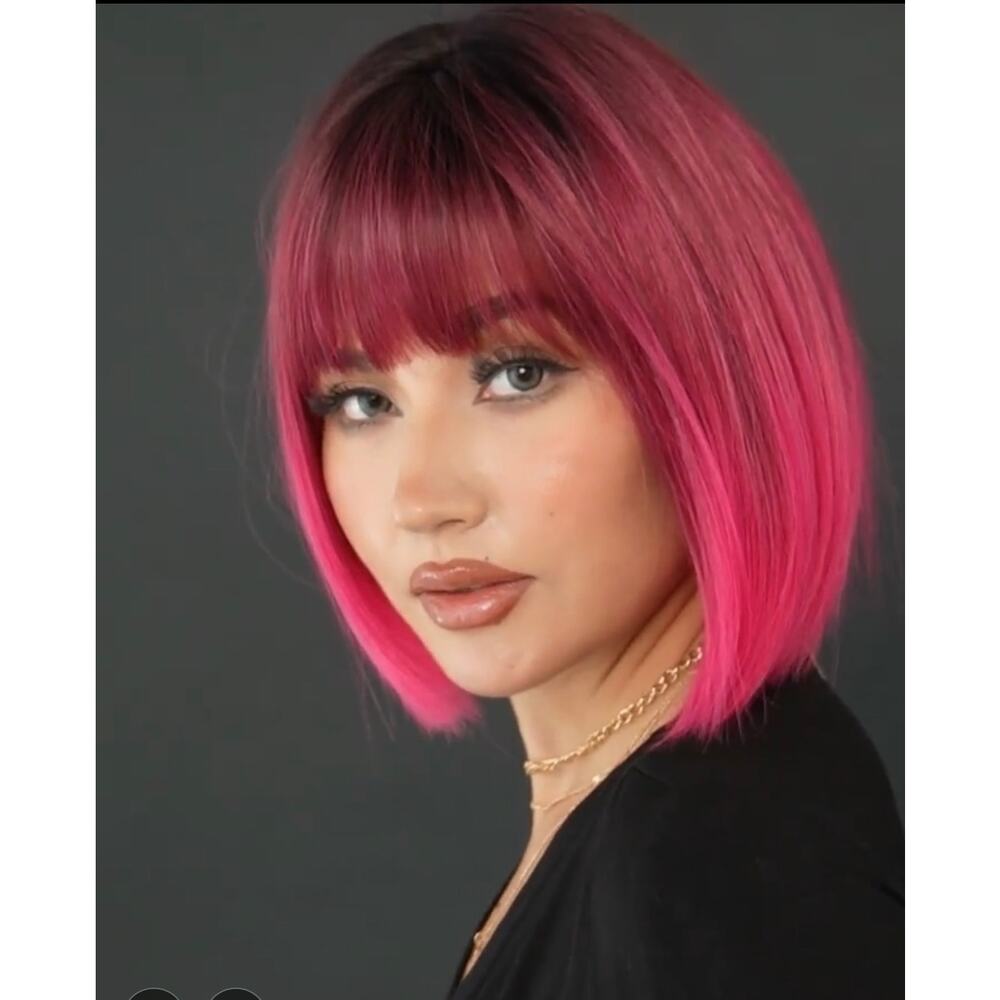 12” blunt bob with bangs wig ombre black root dark purple pink